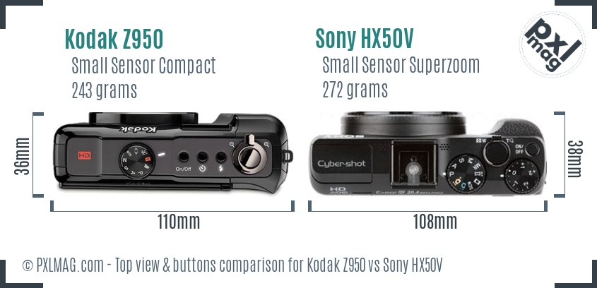 Kodak Z950 vs Sony HX50V top view buttons comparison