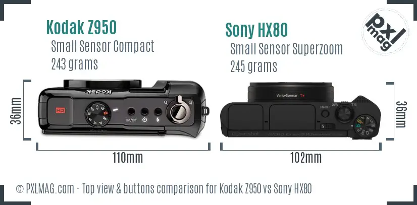 Kodak Z950 vs Sony HX80 top view buttons comparison Kodak Z950 vs Sony HX80 top view buttons comparison