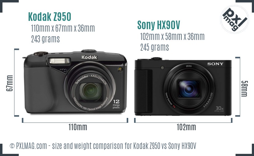 Kodak Z950 vs Sony HX90V size comparison