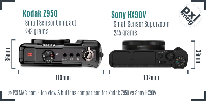 Kodak Z950 vs Sony HX90V top view buttons comparison