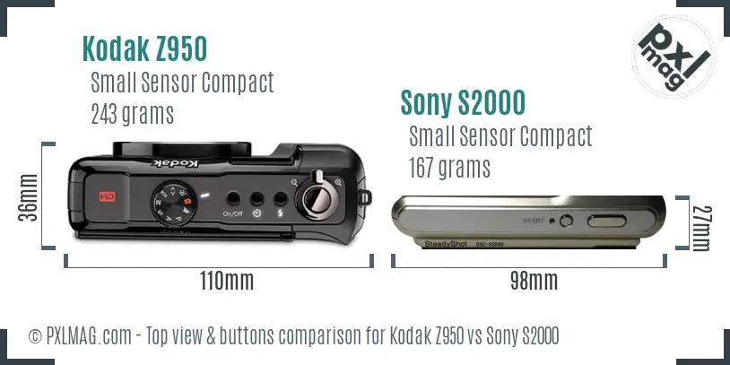 Kodak Z950 vs Sony S2000 top view buttons comparison Kodak Z950 vs Sony S2000 top view buttons comparison