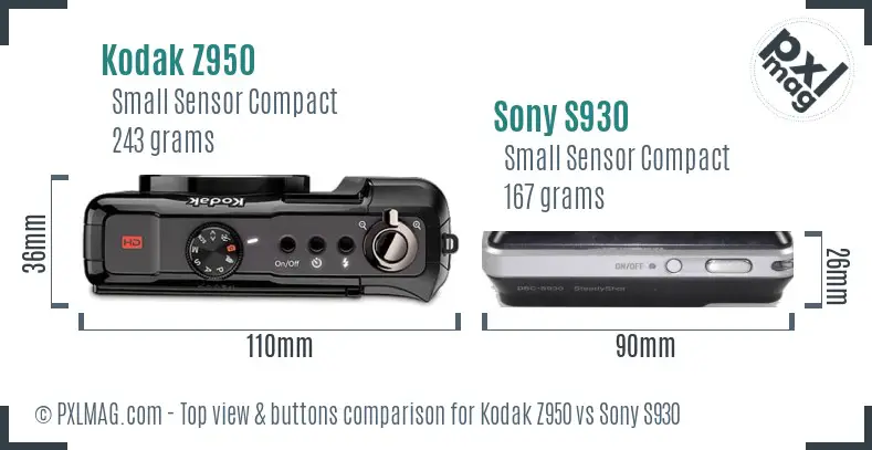Kodak Z950 vs Sony S930 top view buttons comparison Kodak Z950 vs Sony S930 top view buttons comparison