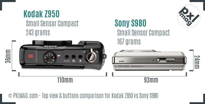 Kodak Z950 vs Sony S980 top view buttons comparison