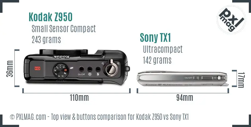 Kodak Z950 vs Sony TX1 top view buttons comparison