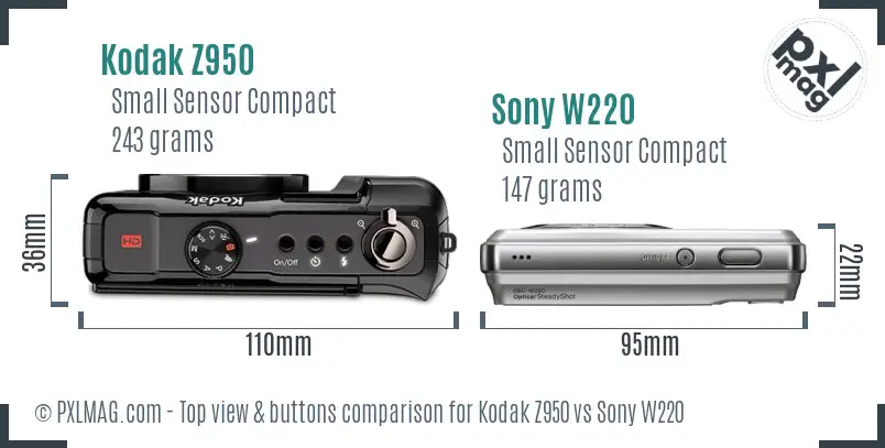Kodak Z950 vs Sony W220 top view buttons comparison Kodak Z950 vs Sony W220 top view buttons comparison