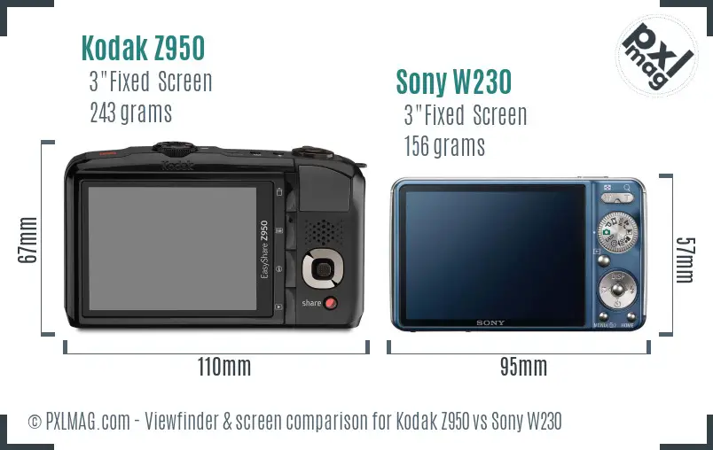 Kodak Z950 vs Sony W230 Screen and Viewfinder comparison