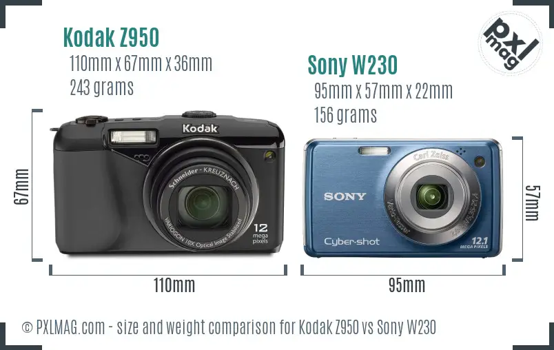 Kodak Z950 vs Sony W230 size comparison