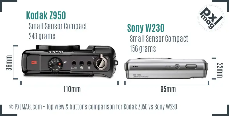 Kodak Z950 vs Sony W230 top view buttons comparison