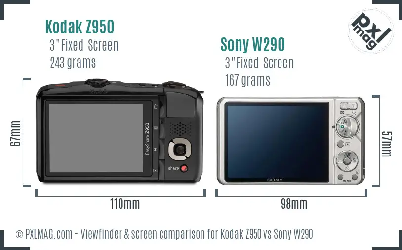 Kodak Z950 vs Sony W290 Screen and Viewfinder comparison