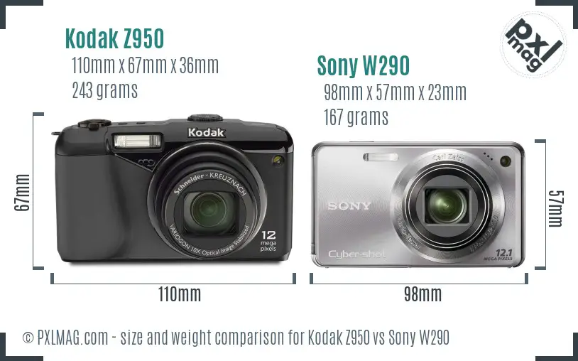 Kodak Z950 vs Sony W290 size comparison