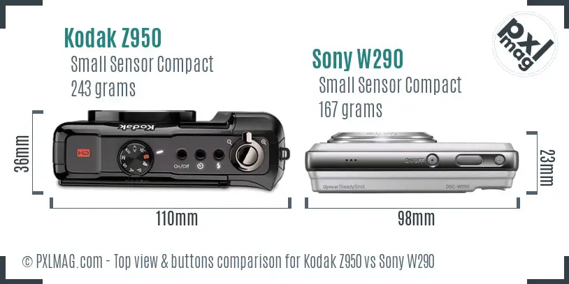 Kodak Z950 vs Sony W290 top view buttons comparison