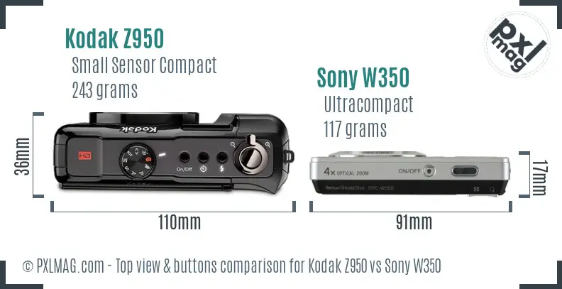 Kodak Z950 vs Sony W350 top view buttons comparison