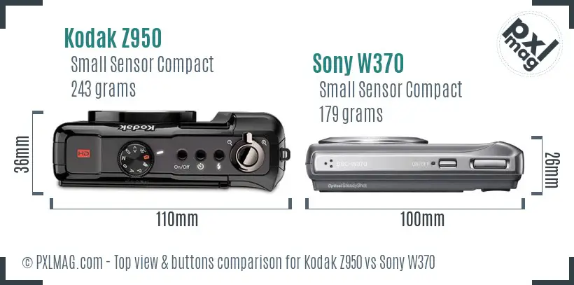 Kodak Z950 vs Sony W370 top view buttons comparison