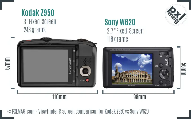 Kodak Z950 vs Sony W620 Screen and Viewfinder comparison