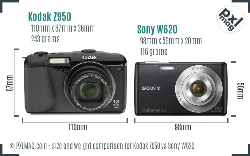 Kodak Z950 vs Sony W620 size comparison