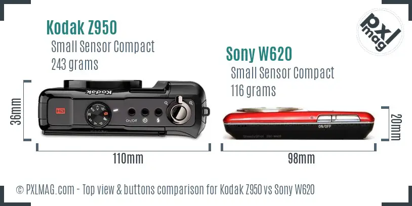 Kodak Z950 vs Sony W620 top view buttons comparison