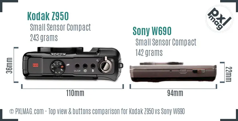 Kodak Z950 vs Sony W690 top view buttons comparison