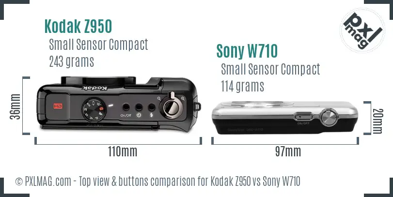 Kodak Z950 vs Sony W710 top view buttons comparison Kodak Z950 vs Sony W710 top view buttons comparison
