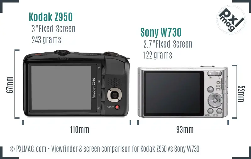 Kodak Z950 vs Sony W730 Screen and Viewfinder comparison