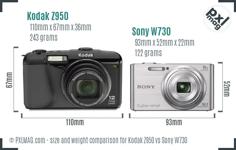 Kodak Z950 vs Sony W730 size comparison