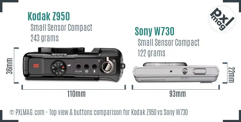 Kodak Z950 vs Sony W730 top view buttons comparison