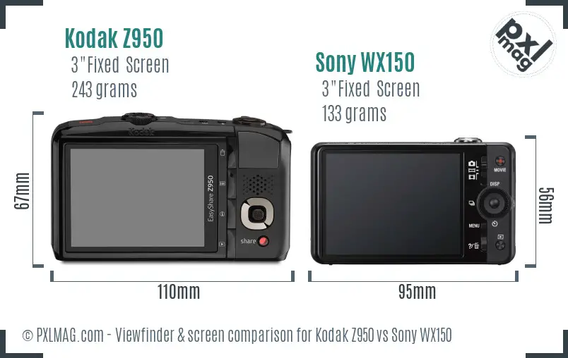 Kodak Z950 vs Sony WX150 Screen and Viewfinder comparison