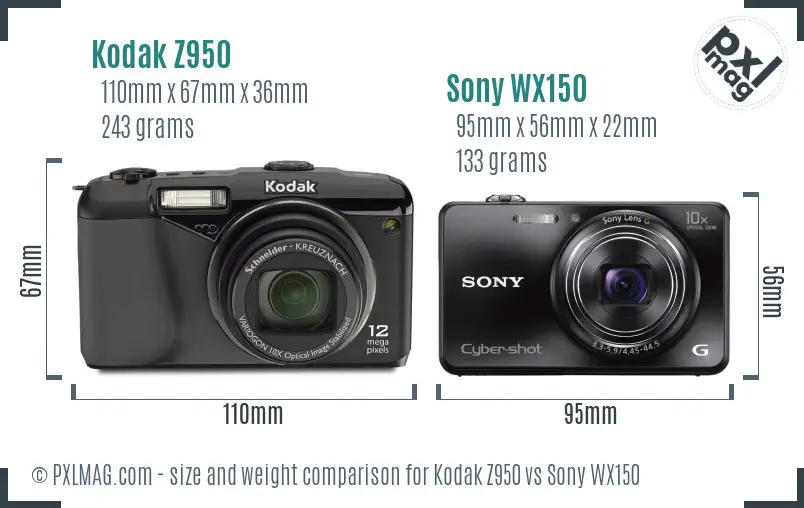 Kodak Z950 vs Sony WX150 size comparison