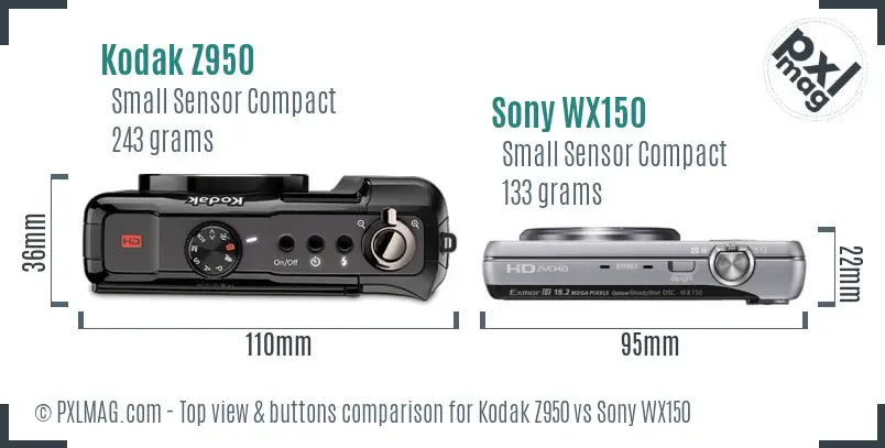 Kodak Z950 vs Sony WX150 top view buttons comparison