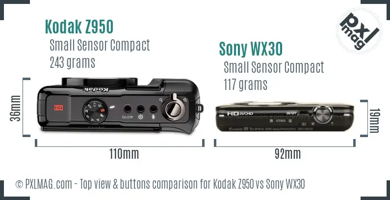 Kodak Z950 vs Sony WX30 top view buttons comparison