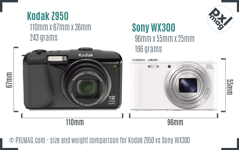 Kodak Z950 vs Sony WX300 size comparison
