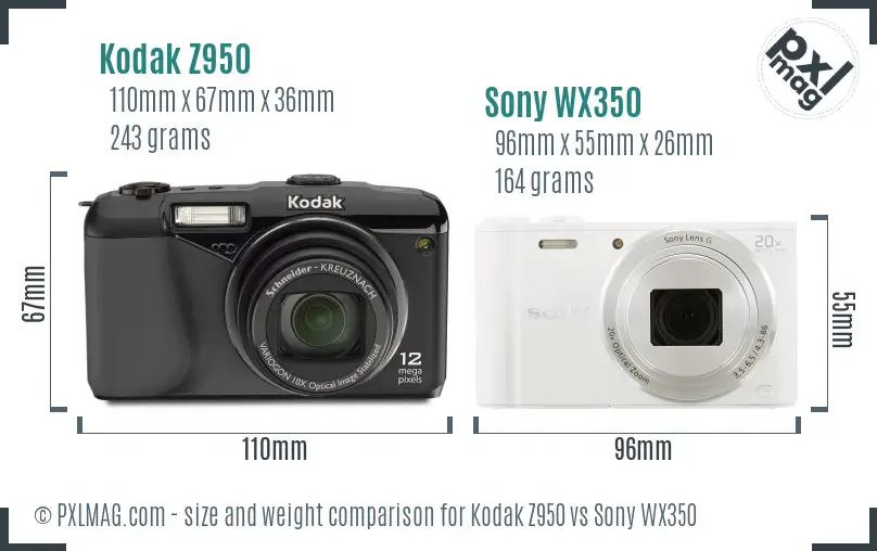 Kodak Z950 vs Sony WX350 size comparison