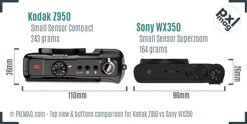 Kodak Z950 vs Sony WX350 top view buttons comparison