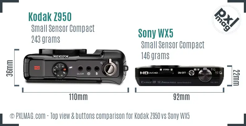 Kodak Z950 vs Sony WX5 top view buttons comparison