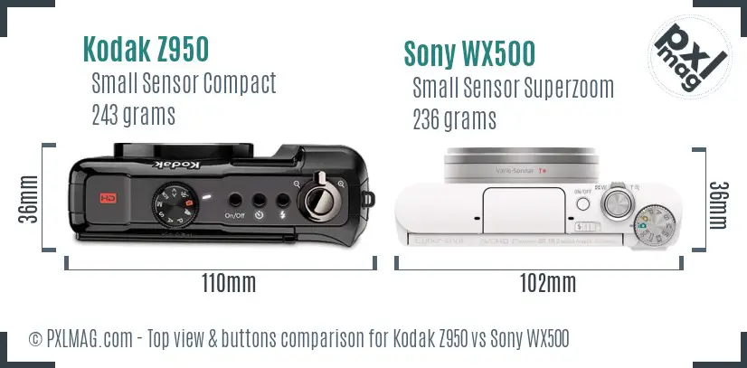 Kodak Z950 vs Sony WX500 top view buttons comparison Kodak Z950 vs Sony WX500 top view buttons comparison