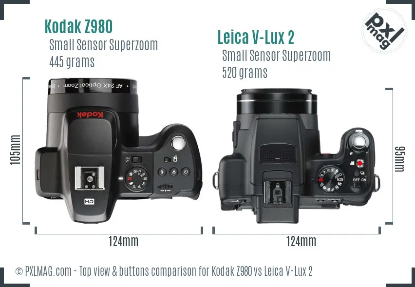 Kodak Z980 vs Leica V-Lux 2 top view buttons comparison Kodak Z980 vs Leica V-Lux 2 top view buttons comparison