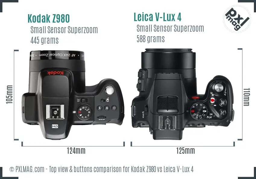 Kodak Z980 vs Leica V-Lux 4 top view buttons comparison