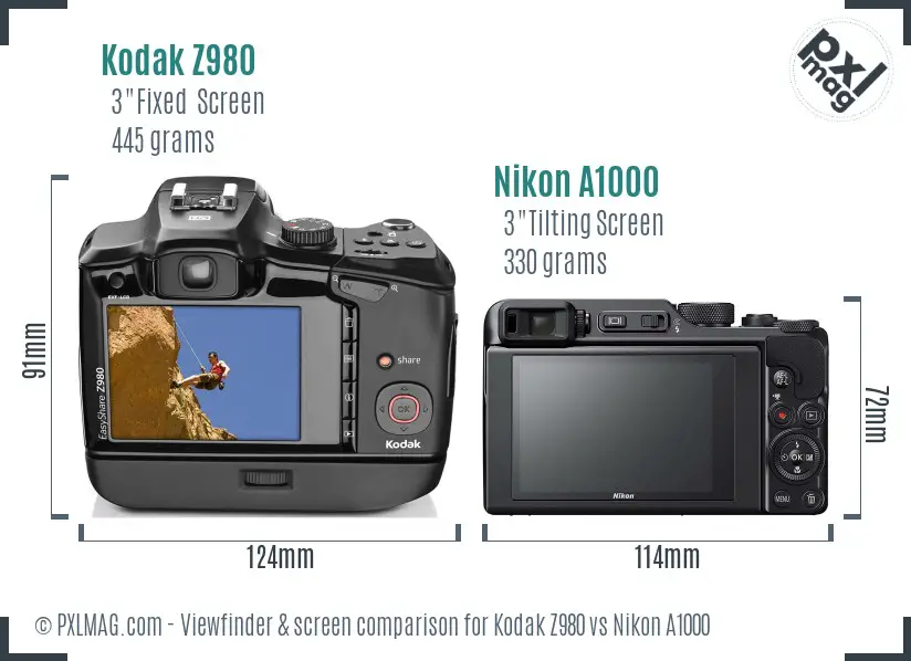 Kodak Z980 vs Nikon A1000 Screen and Viewfinder comparison