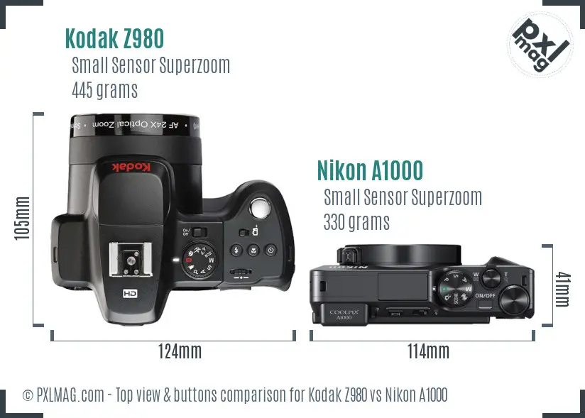Kodak Z980 vs Nikon A1000 top view buttons comparison