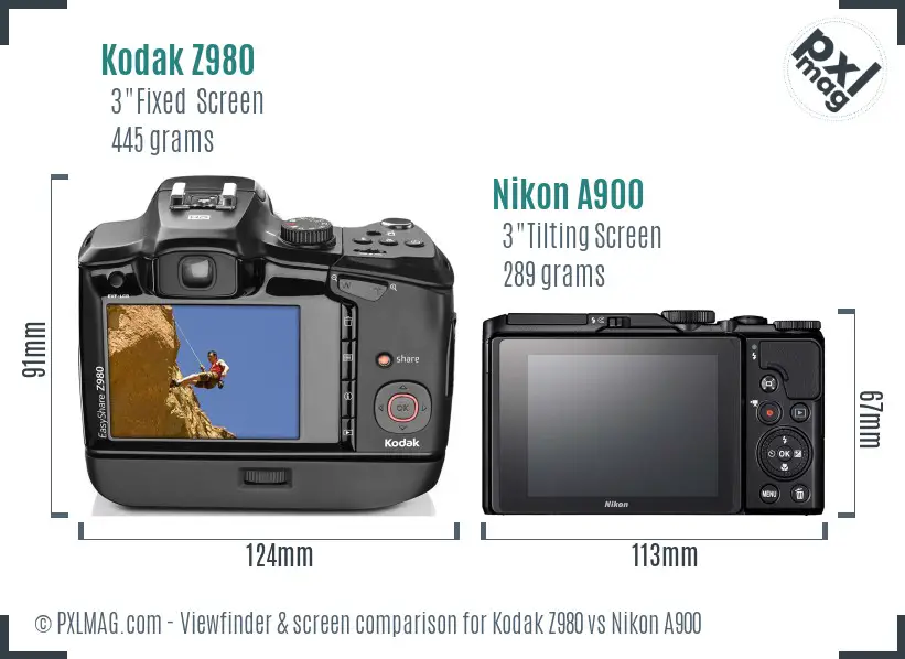 Kodak Z980 vs Nikon A900 Screen and Viewfinder comparison