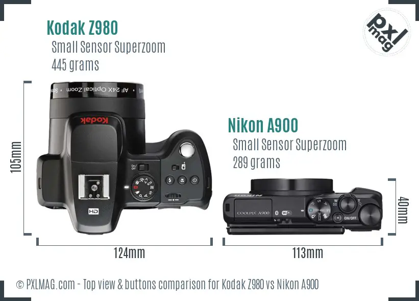 Kodak Z980 vs Nikon A900 top view buttons comparison