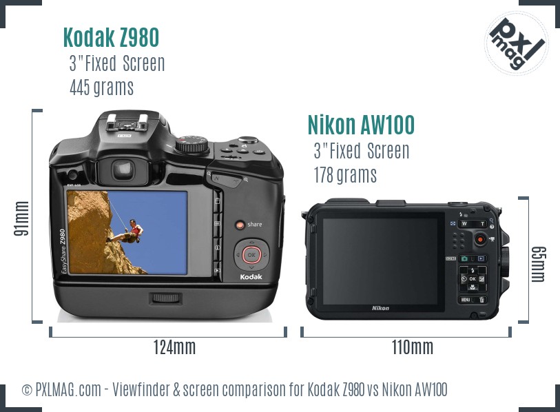 Kodak Z980 vs Nikon AW100 Screen and Viewfinder comparison