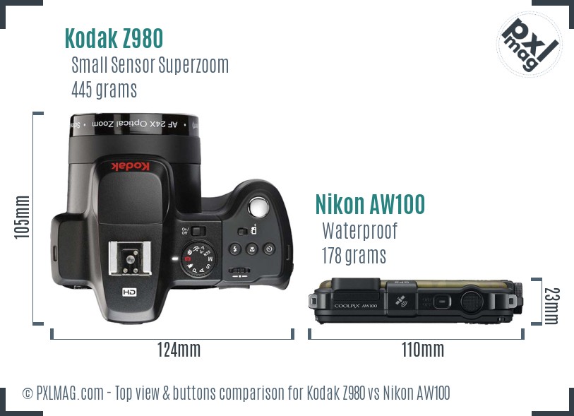Kodak Z980 vs Nikon AW100 top view buttons comparison