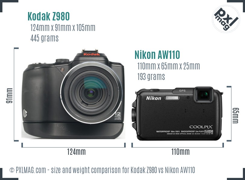Kodak Z980 vs Nikon AW110 size comparison