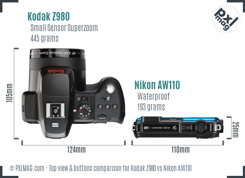 Kodak Z980 vs Nikon AW110 top view buttons comparison