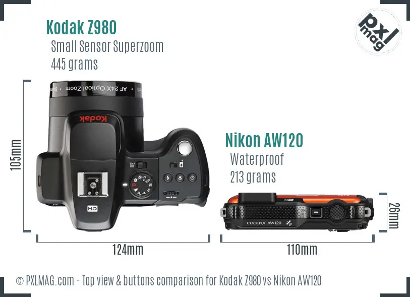 Kodak Z980 vs Nikon AW120 top view buttons comparison Kodak Z980 vs Nikon AW120 top view buttons comparison