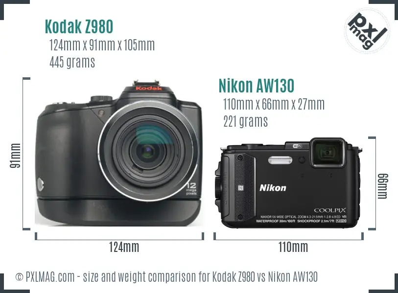 Kodak Z980 vs Nikon AW130 size comparison