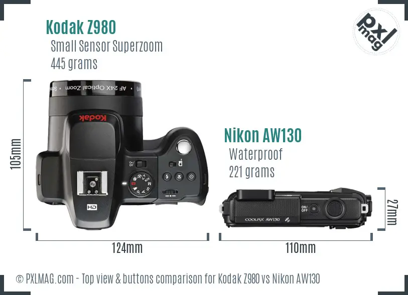 Kodak Z980 vs Nikon AW130 top view buttons comparison