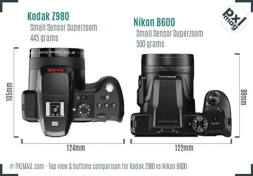 Kodak Z980 vs Nikon B600 top view buttons comparison Kodak Z980 vs Nikon B600 top view buttons comparison