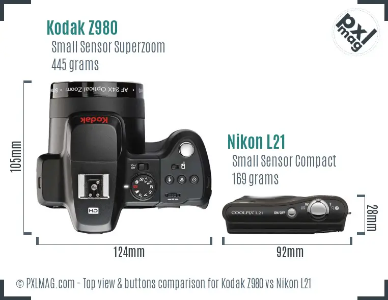 Kodak Z980 vs Nikon L21 top view buttons comparison