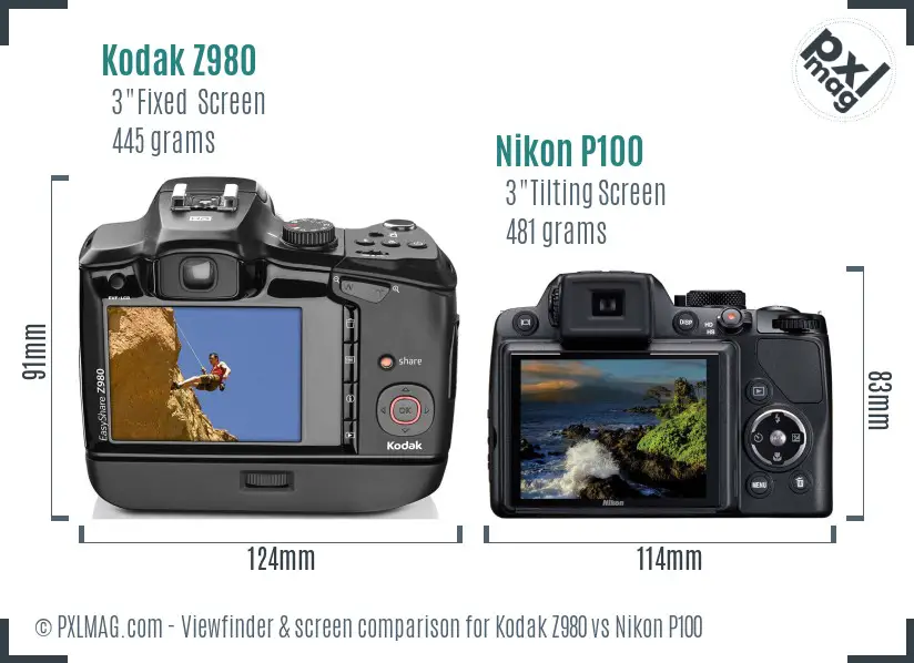 Kodak Z980 vs Nikon P100 Screen and Viewfinder comparison